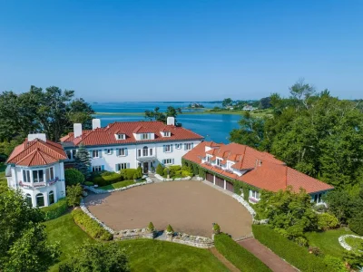 Connecticut’s Most Expensive Home Hits the Market for $100 Million: Historic Waterfront Estate Cedar Cliff Debuts in Greenwich 3 Aerial front view of Cedar Cliff, Connecticut's most expensive home, overlooking Long Island Sound in Riverside