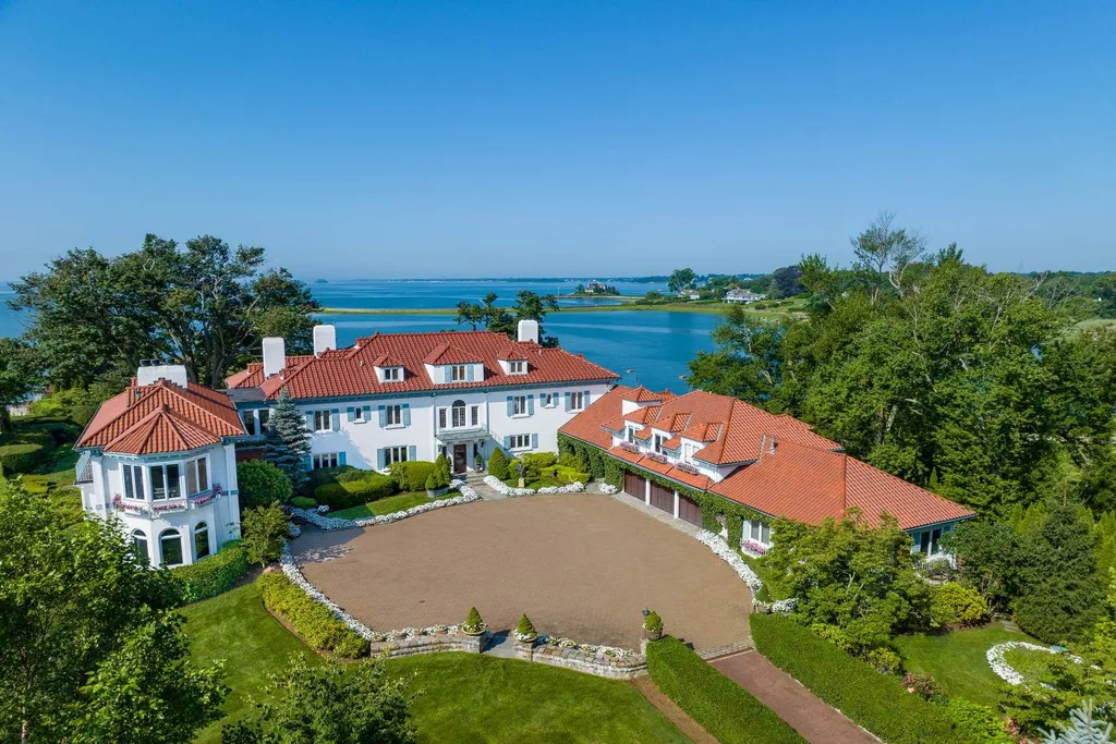 Connecticut’s Most Expensive Home Hits the Market for $100 Million: Historic Waterfront Estate Cedar Cliff Debuts in Greenwich 1 Aerial front view of Cedar Cliff, Connecticut's most expensive home, overlooking Long Island Sound in Riverside