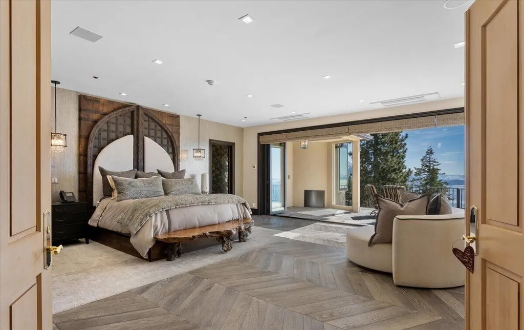 Former Home of a Rock and Roll Hall of Famer Above Lake Tahoe Lists for $43 Million 7 Primary suite in the Lake Tahoe estate featuring custom wood details, lake views and access to a private terrace