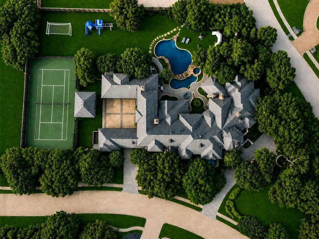 This $11.9 Million Plano Estate Occupies Former Willow Bend Polo Grounds and Spans Nearly Two Acres 3 Bird's-eye view of the Kings Gate luxury estate in Plano Texas featuring a private tennis court, resort-style pools and nearly two acres of landscaped grounds