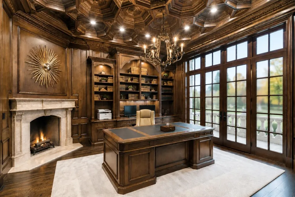 This $11.9 Million Plano Estate Occupies Former Willow Bend Polo Grounds and Spans Nearly Two Acres 11 Executive office at the Kings Gate estate in Plano Texas featuring mahogany paneling, coffered ceiling, fireplace and custom library shelving