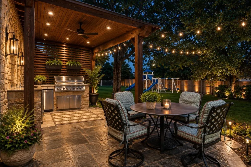 This $11.9 Million Plano Estate Occupies Former Willow Bend Polo Grounds and Spans Nearly Two Acres 14 Covered outdoor kitchen and dining patio at the Kings Gate estate in Plano Texas featuring built-in grill, stone finishes and landscaped backyard
