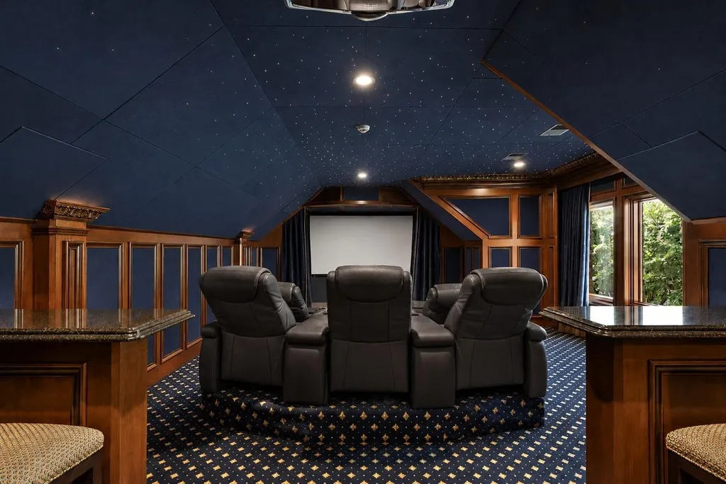 This $11.9 Million Plano Estate Occupies Former Willow Bend Polo Grounds and Spans Nearly Two Acres 12 Private home theater at the Kings Gate estate in Plano Texas featuring reclining leather seats, star-lit ceiling and cinema projection screen