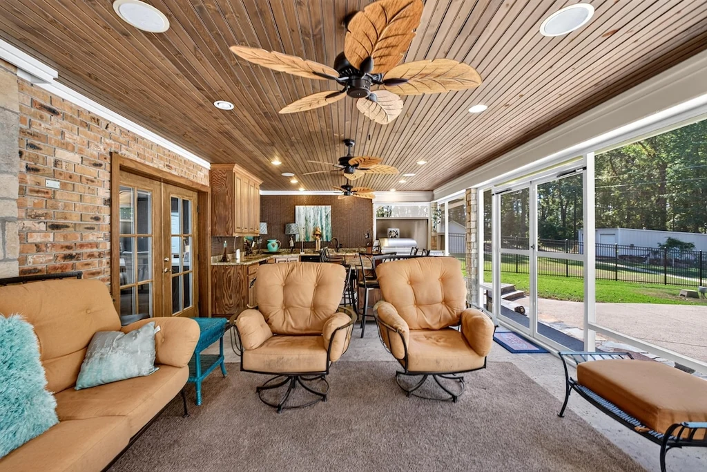 16104 County Road 294 – Screened Garden Porch 16104 County Road 294, Arp: a timber ceiling and broad screening enclose a comfortable garden facing porch.