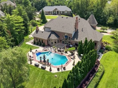 Asking $3,575,000, This Lavish Sunset Hills Estate Pairs Bellagio-Inspired Interiors With a Private Pub 2 Aerial Estate Overview at 12947 Sunset Bluff Ct, Sunset Hills, Missouri