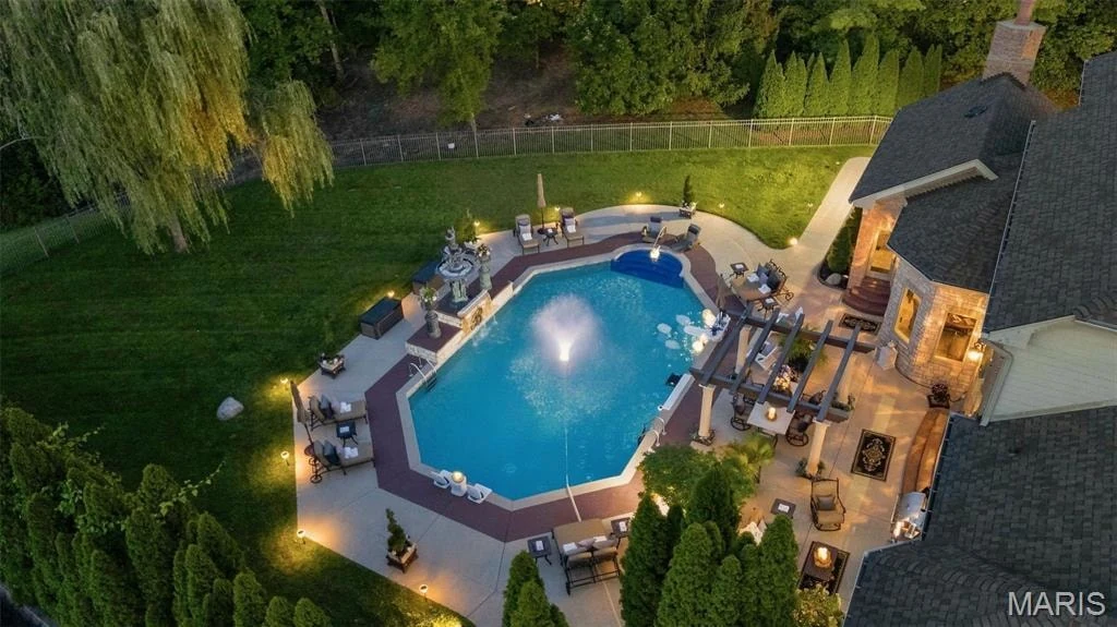 12947 Sunset Bluff Ct – Aerial Pool Garden at Twilight Aerial Pool Garden at Twilight at 12947 Sunset Bluff Ct, Sunset Hills, Missouri