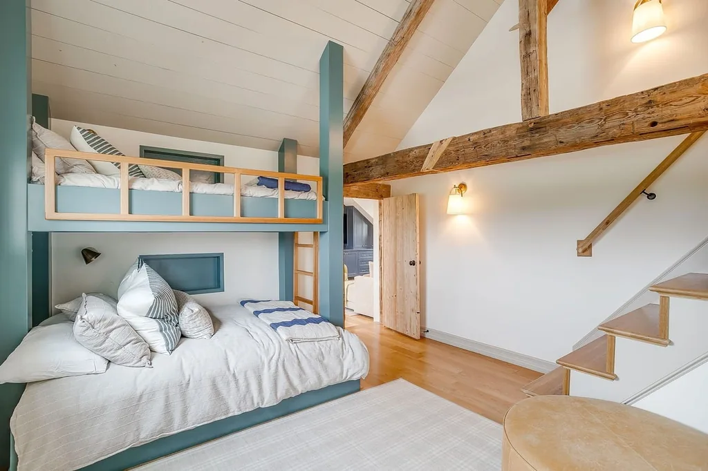 A Texas Estate Built Around Circa-1740 Scottish Timbers Lists for $14,250,000 11 Exposed framing continues into a bunk room with built-in sleeping spaces at 13000 Old Weatherford Rd, Aledo