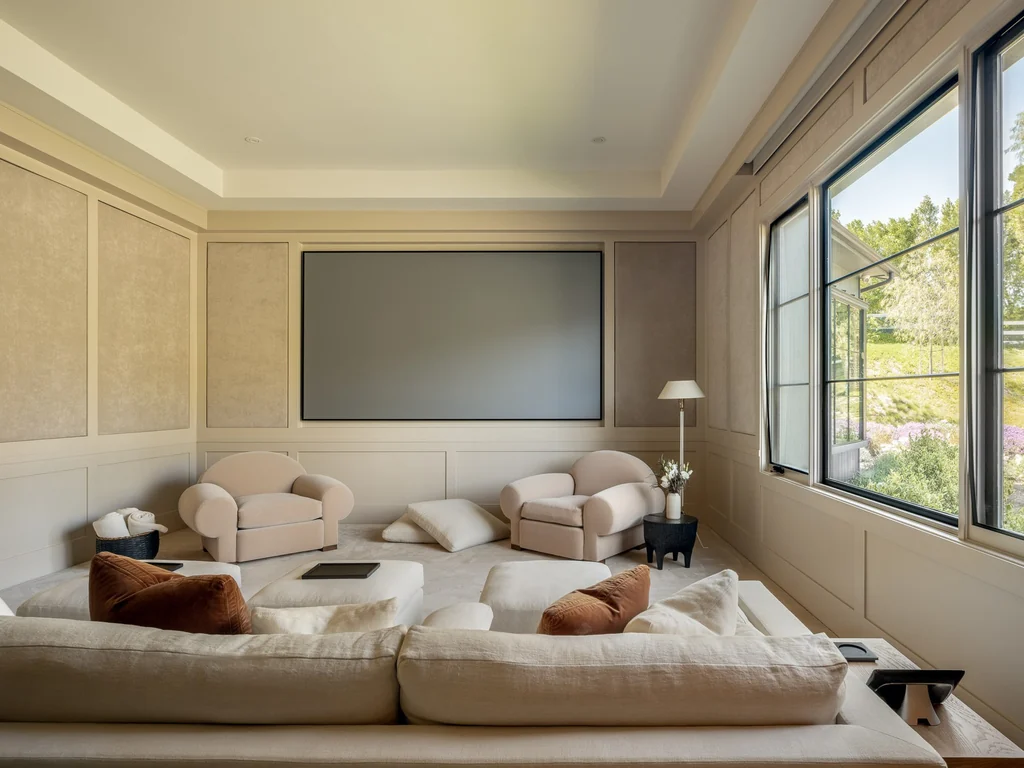 25211 Jim Bridger Rd – Screening Room 25211 Jim Bridger Rd, Hidden Hills: the screening room combines soft seating with a large screen.
