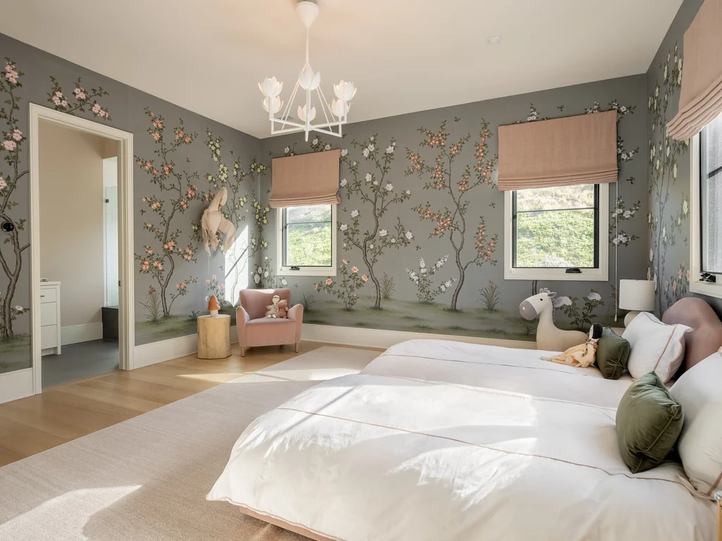 25211 Jim Bridger Rd – Wallpaper Bedroom 25211 Jim Bridger Rd, Hidden Hills: decorative wall coverings give this bedroom its own distinct character.