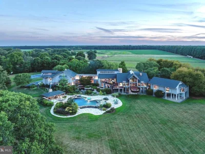 A Spectacular Glass Retreat With a Vineyard and Private Island Pond Asks $13,750,000 on Maryland’s Eastern Shore 1 Aerial Estate Overview at Stock Range Farm, 27772 Sharp Rd, Easton, Maryland