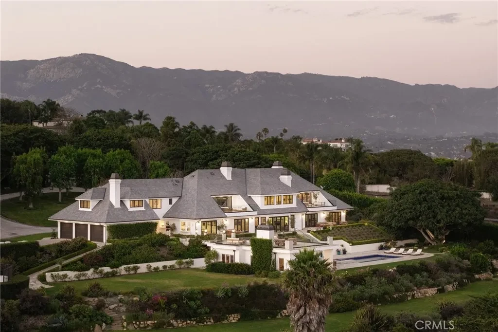 3201 Campanil Dr – Aerial Estate Overview 3201 Campanil Dr, Santa Barbara: an aerial view reveals the main residence within its landscaped hillside setting.