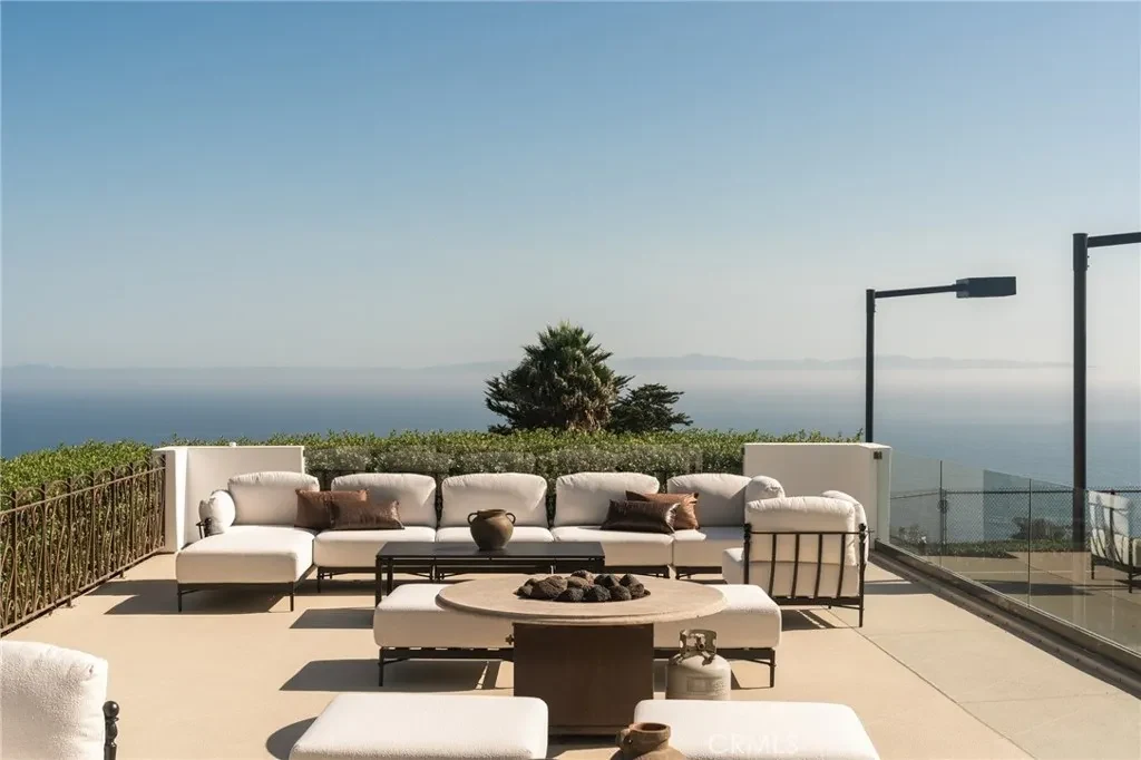 3201 Campanil Dr – Elevated Lounge Terrace 3201 Campanil Dr, Santa Barbara: an elevated lounge terrace looks across the tennis court toward the Pacific.
