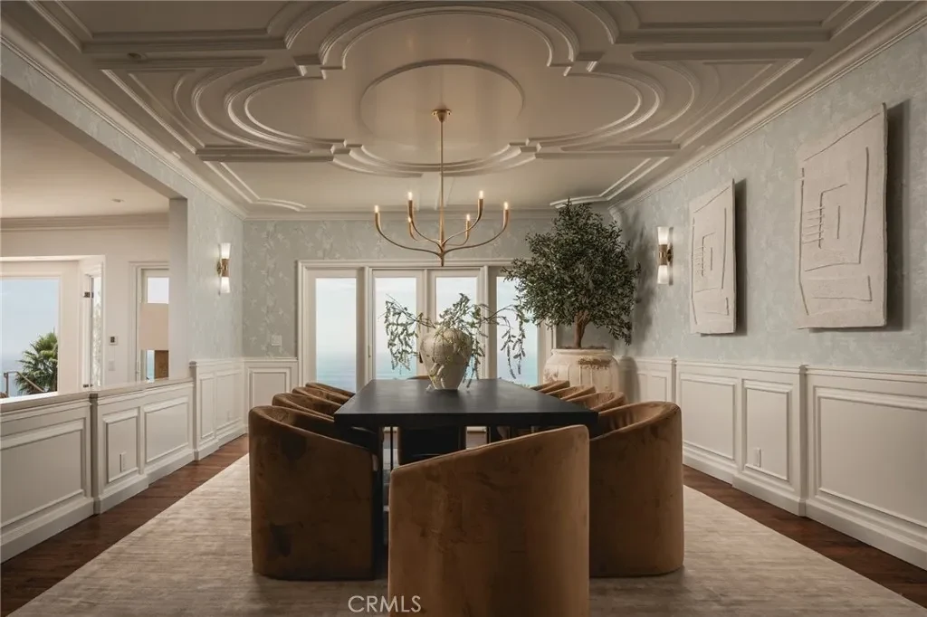 3201 Campanil Dr – Formal Dining Room 3201 Campanil Dr, Santa Barbara: the formal dining room pairs detailed wall paneling with an ornate ceiling.