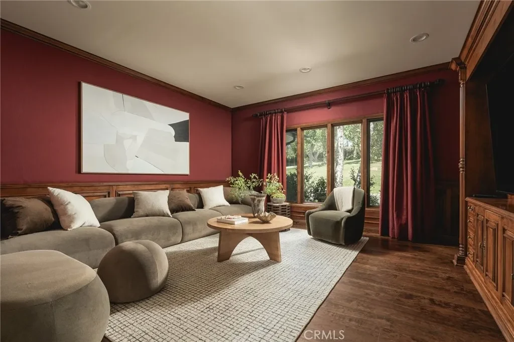 3201 Campanil Dr – Media Room 3201 Campanil Dr, Santa Barbara: the media room features deep red walls and a generous seating arrangement.