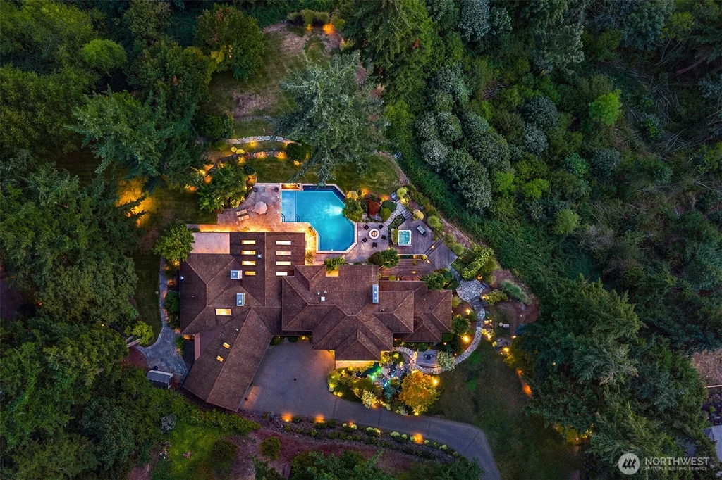 Pocket Doors Open to a Lake-View Pavilion at This Sammamish Estate Asking $6,880,000 20 Overhead view of the Sammamish house, pool and surrounding trees