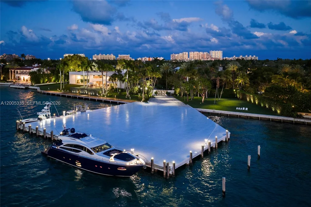 485 W Matheson Dr – Private Marina Dusk 485 W Matheson Dr, Key Biscayne: the private marina illuminated at dusk.