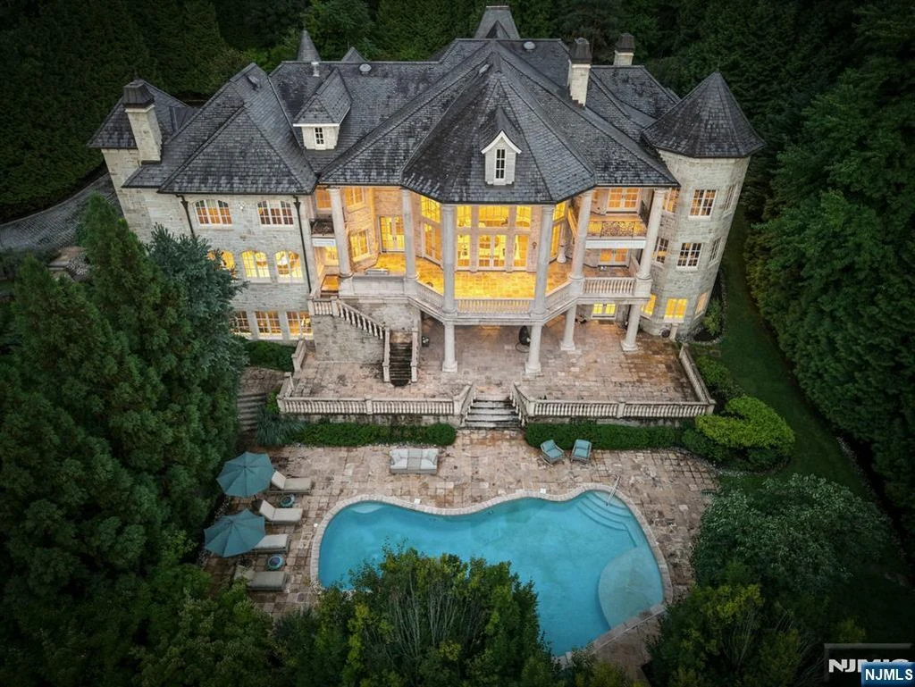 7 Buckingham Drive – Aerial Pool Garden at Twilight Aerial Pool Garden at Twilight at 7 Buckingham Drive, Alpine, New Jersey