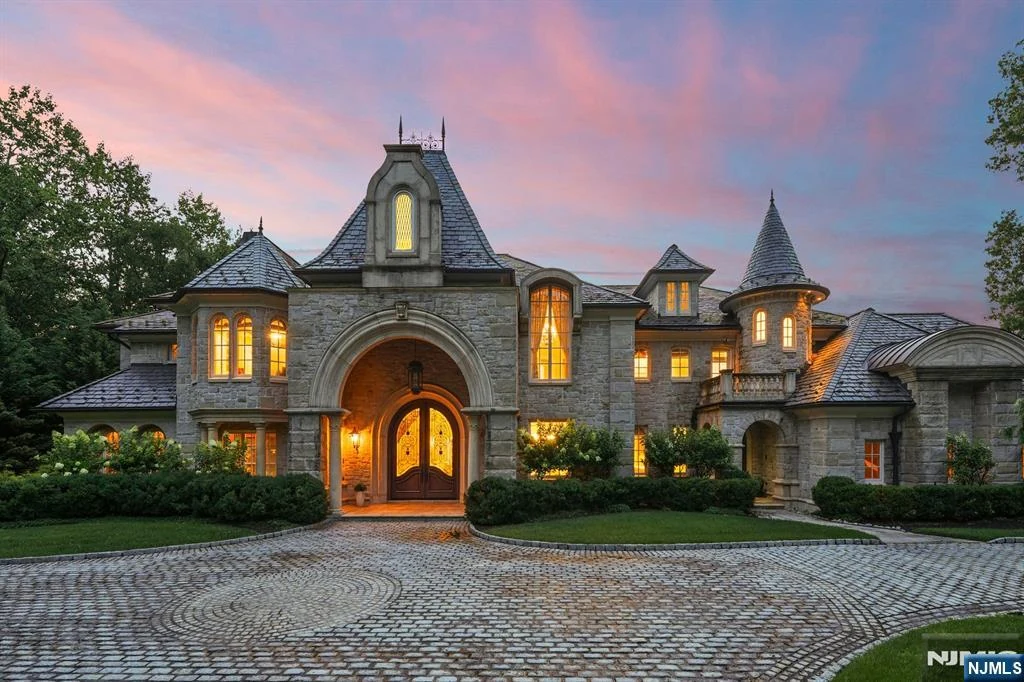 7 Buckingham Drive – Stone Entrance at Twilight Stone Entrance at Twilight at 7 Buckingham Drive, Alpine, New Jersey