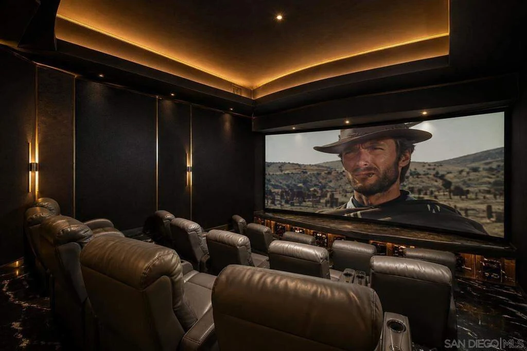 8619 Via Rancho Cielo – Private Cinema 8619 Via Rancho Cielo, Rancho Santa Fe: reclining seats face a large screen in the darkened private cinema.